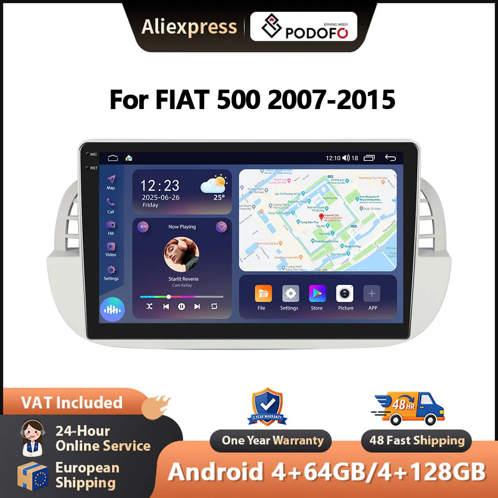 Autoradio Podofo 9'' Wireless CarPlay con AI per FIAT 500 2007-2015, Android GPS WIFI, Lettore Multimediale per Auto, DSP FM/RDS EQ, Radio 2din