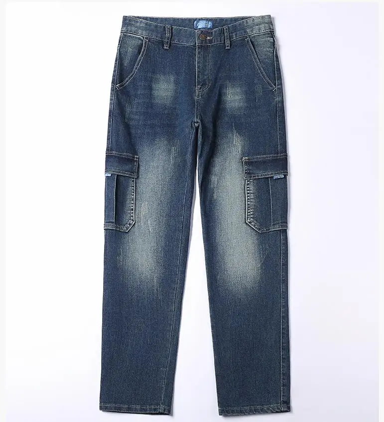 Washed Vintage Blue Multi-pocket Workwear Jeans For Men - straight Fit Trousers In Large Size With Stretch Fabric
