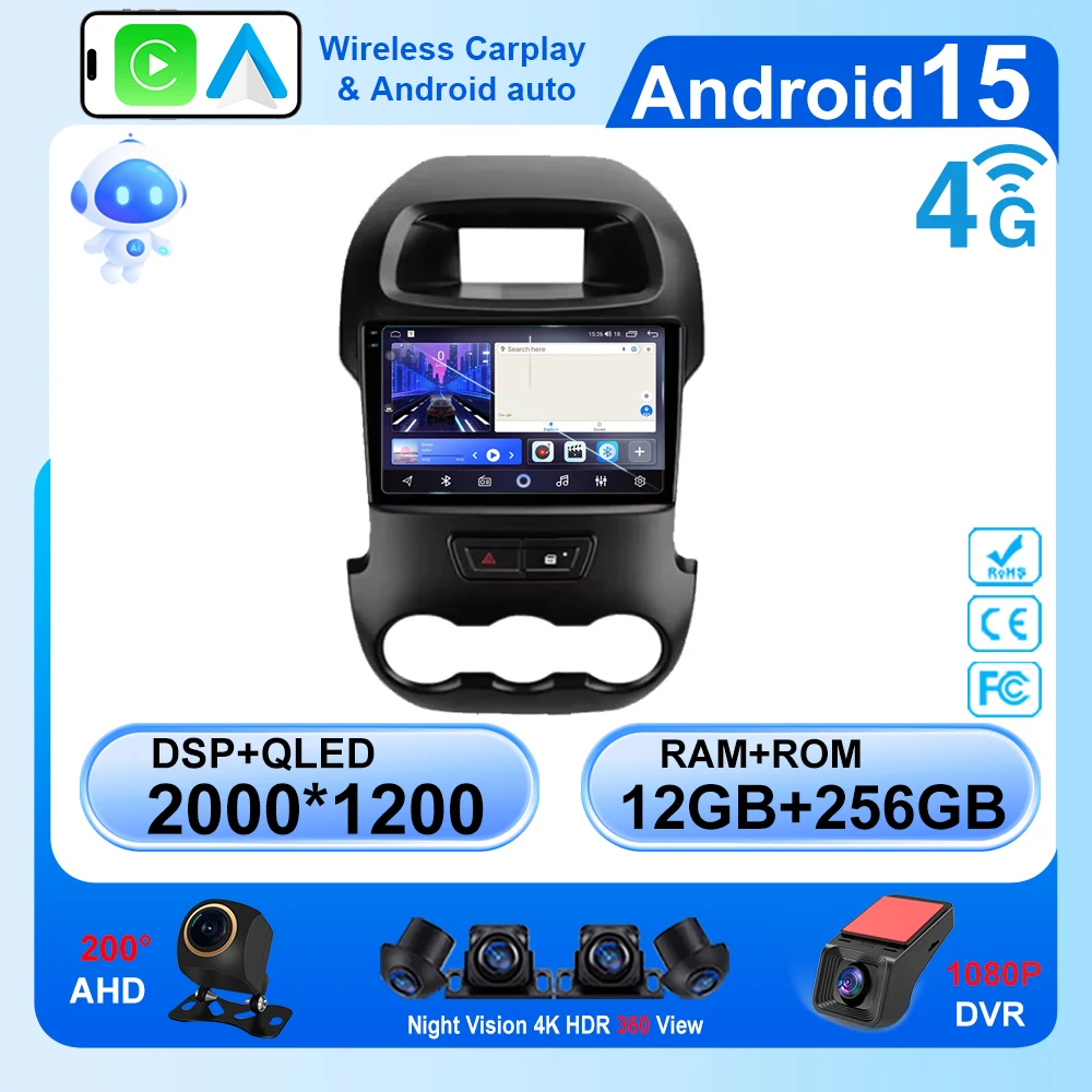 For Ford Ranger T6 2011 -2014 Car Radio Android 15 TS10 CPU Multimedia Video Player GPS Navi Head Unit Carplay Auto WIFI NO 2DIN