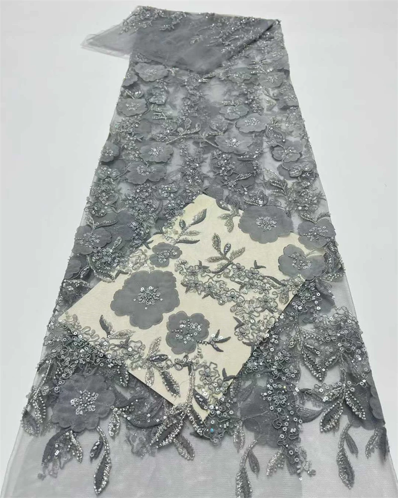 High Quality Embroidery French Tulle Lace New African Luxury Beads Nigerian Sequins Mesh Net Lace Fabric For Evening Dress