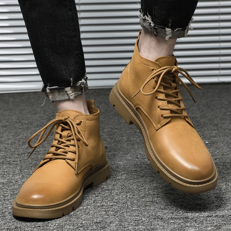 

Leather fashionable ankle boots, outdoor men's off-road motorcycle boots, versatile and fashionable men's high top sports shoes