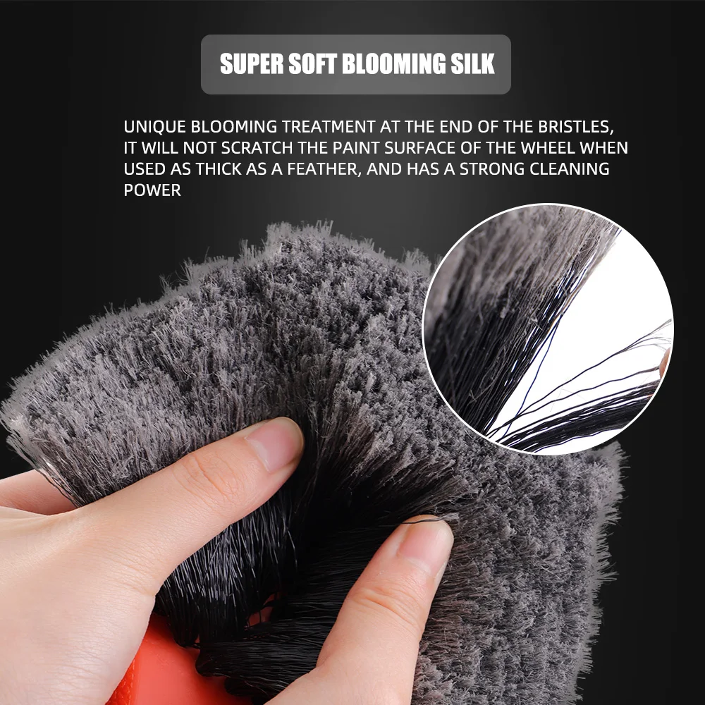 SPTA Soft Bristle Car Wheel Tire Wash Brush for Rim Interior & Exterior Surface Cleaning Orange Handle for Easy Scrubbing