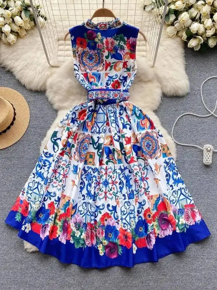 Runway Summer Holiday Flower Print Tank Dress Shirt Women\'s Single Breasted Belt Red Blue White Porcelain Midi Party Dresses