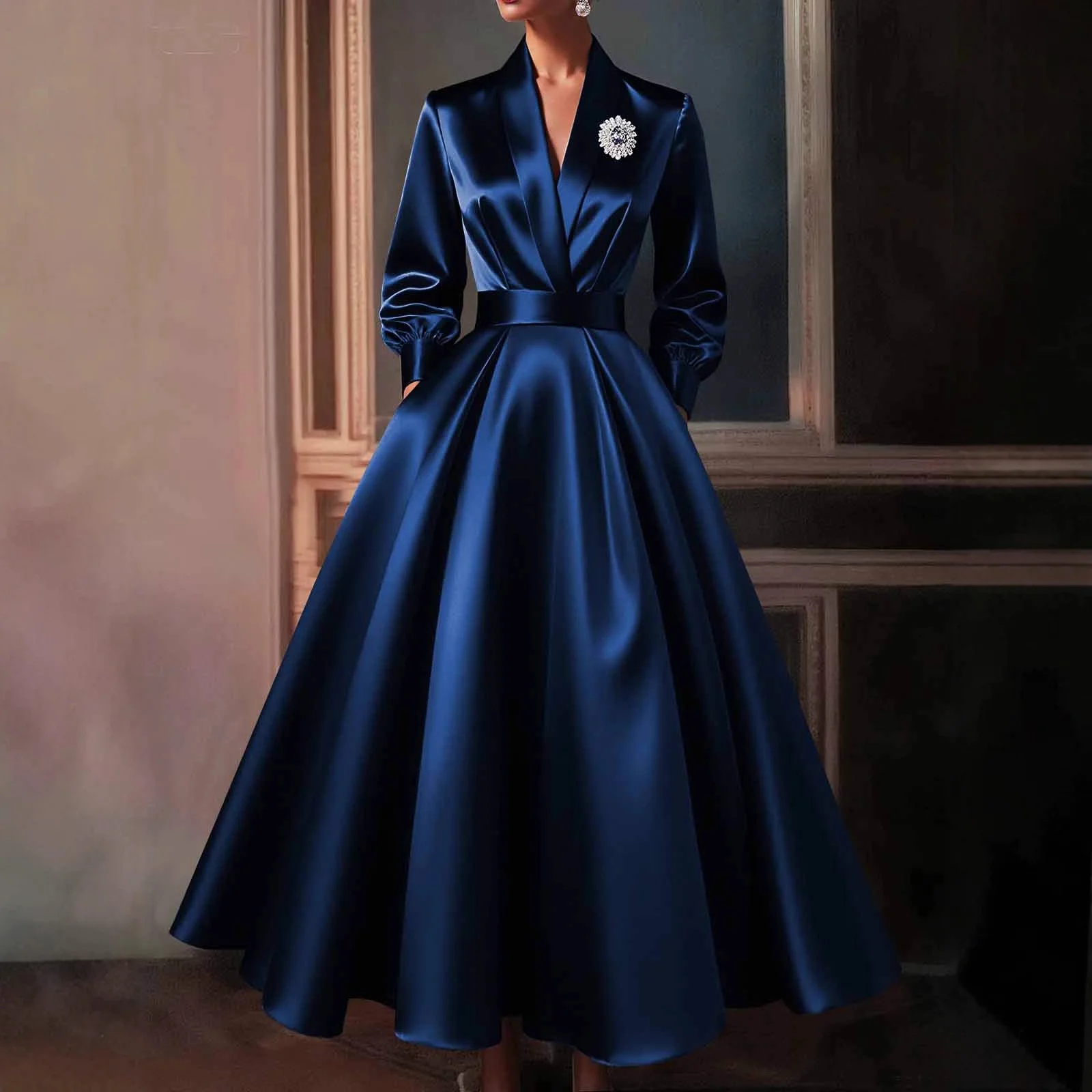 Satin Elegant Dress for Women Lapel Collar Pleated A-Line Evening Maxi Dress Wedding Guest Vintage Lantern Sleeve Autumn Dresses