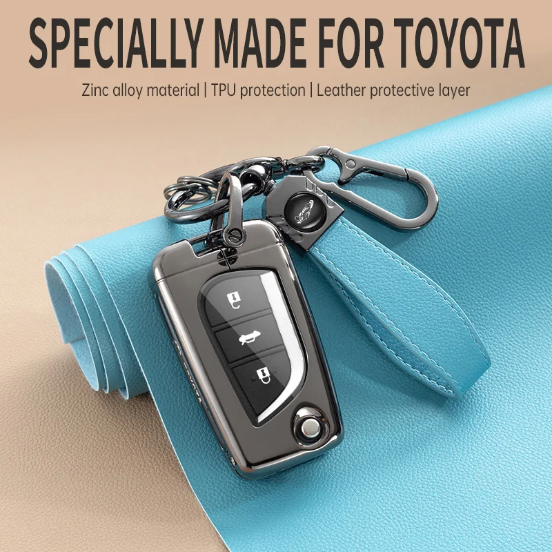 Metal+Leather Car Key Case Cover 2 3 4 Buttons Flip Key Shell For Toyota Hilux Corolla Avensis Fortuner RAV4 CHR Accessories