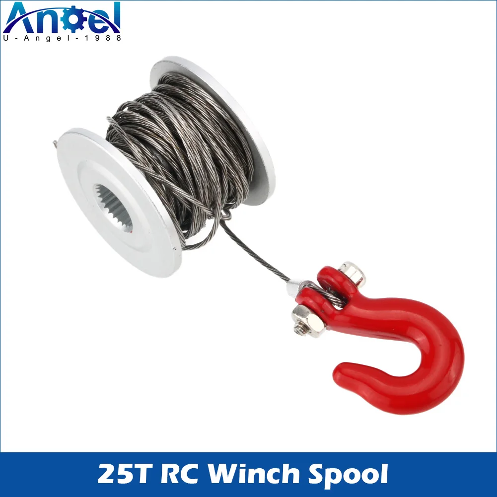 Uangel Metal RC Winch Spool Silver 25T Spline Gear RC Crawler Winch Steel Wire Rope Winch Drum Wheel Simulation Climbing Car
