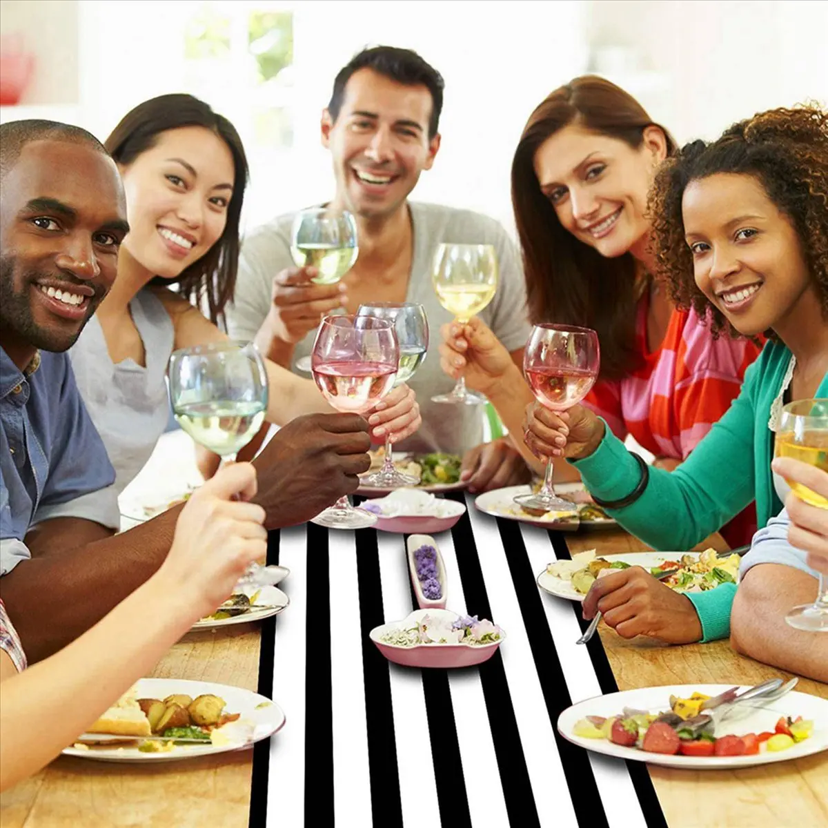 *A91P Striped Table Runner Polyester Table Decor Tablecloth for Indoor Outdoor Events Family Dinner(Black and White,6 Pack)