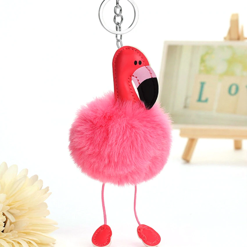 New Fluffy Pompom Flamingo Keychain Women Girls Rabbit Fur Ball Pompon Key Chain On Bag Car Trinket Jewelry Wedding Party Gift