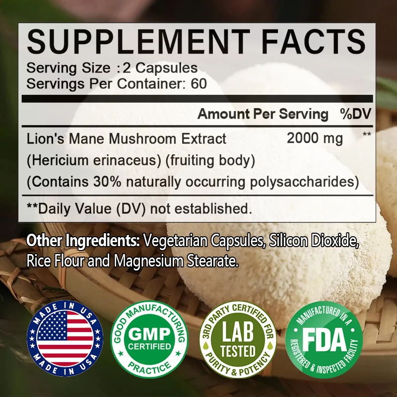 Cápsulas de extracto de hongos de melena de León, mejora la cognición y la concentración, apoya la inmunidad y la salud del cerebro