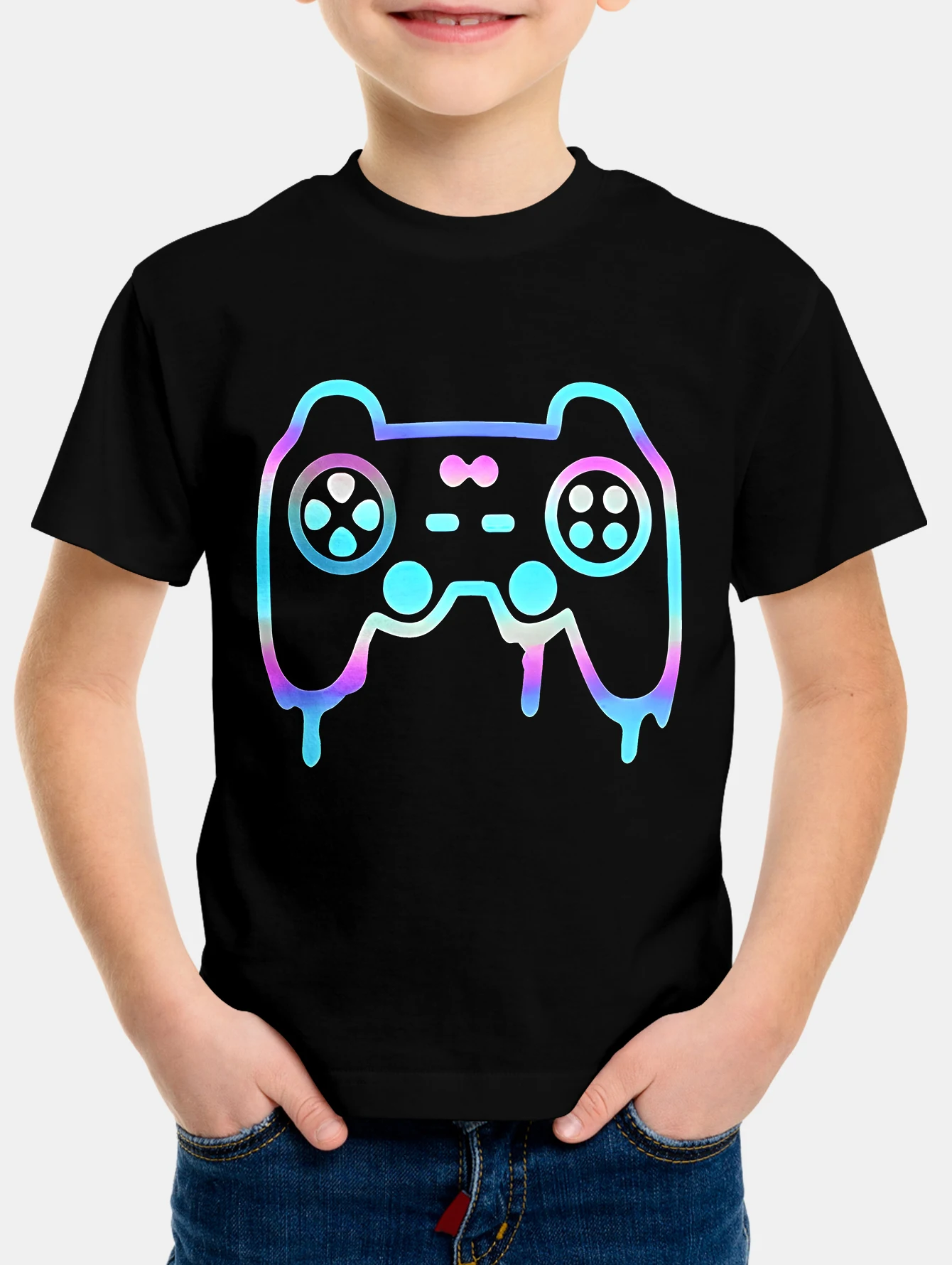 Camiseta infantil com estampa gamepad legal, blusa confortável de manga curta para meninos, streetwear perfeito com o pescoço, casual divertido de verão