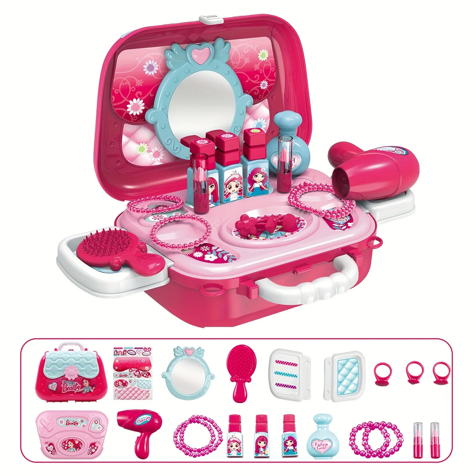 

21Pcs 2-in-1 Role Play Pretend Makeup Playset for Girls, Kids Set Toys with Suitcase, Hair Dryer, Lipstick, 3+，Jewellery,gift