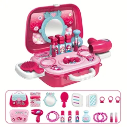 21Pcs  2-in-1 Role Play Pretend Makeup Playset for Girls, Kids Set Toys with Suitcase, Hair Dryer,  Lipstick, 3+，Jewellery,gift