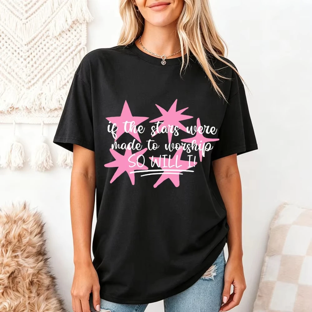 Stars White Text Inspirational Quote Christian Faith Gift Women Bible Verse Oversized Crew Neck Short Sleeve T-Shirt Tops