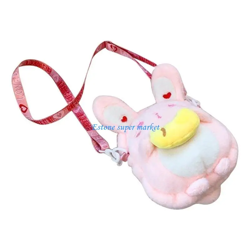 

090B Girls Crossbody Shoulder Bag Bunny Plush Handbags Cartoon Animal Design Small Purse with Adjustable Strap