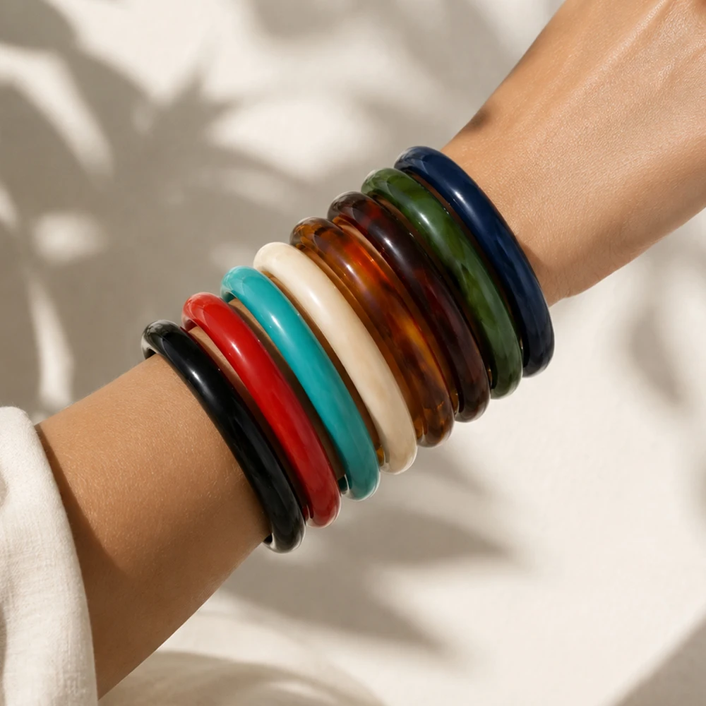 Vintage Multicolor Round Acrylic Cuff Bangles for Women Fashion Resin Circle Stackable Bracelets Statement Wrist Jewelry Gifts
