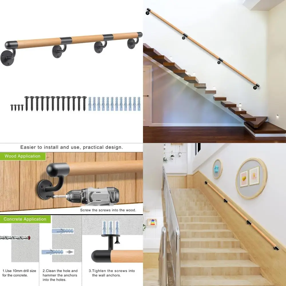 درابزين درج داخلي بطول 3-10 أقدام، مثبت على الحائط الخشبي، دعامات معدنية، قبضة مريحة غير قابلة للانزلاق، أمان ودعم للسلالم #1