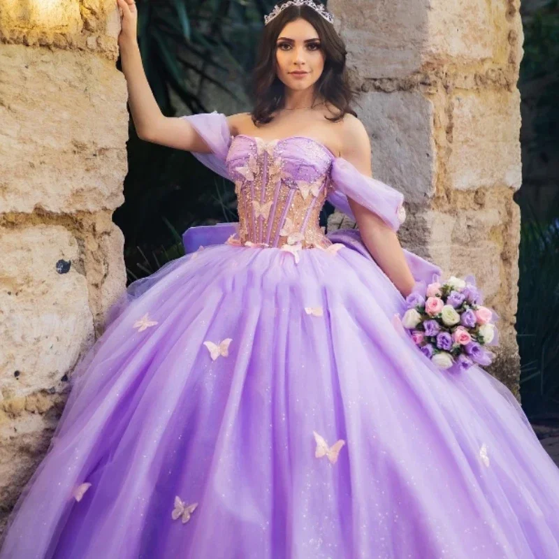 Vestido de baile de lavanda com miçangas de renda, vestido de baile, ombro, doce 16, plus size, mexicano 15 anos, vestidos quinceanera, doce 16