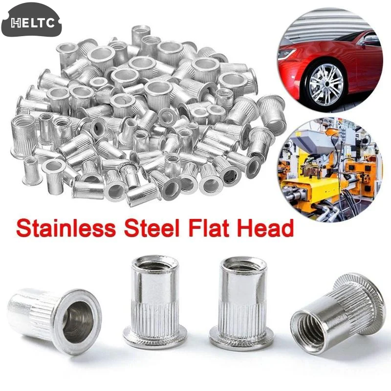 10/5x Threaded Steel Rivnut Flat Head Knurled Rivet Nuts Rust Proof 304 Stainless Steel For Car Repair Furniture DIY Use