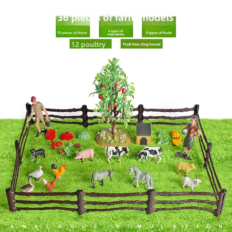 36PCS Mini Farm Scene Miniature Model Chicken Duck Goose Fruit Tree Dog House Farmer Fence Sand Table Simulation Decorations