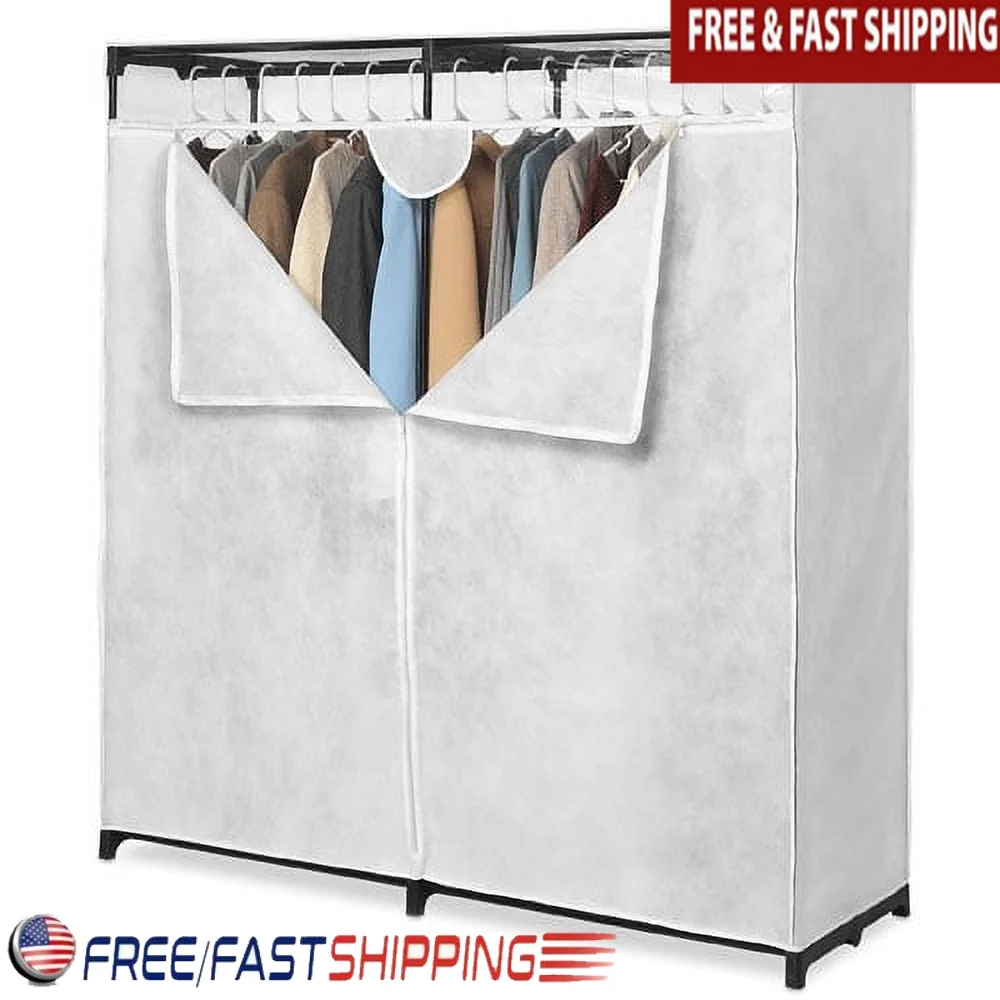 

60 Inch Extra Wide Portable Metal Closet with Breathable Fabric Cover Easy Access Zipper Durable Storage Solution Adults