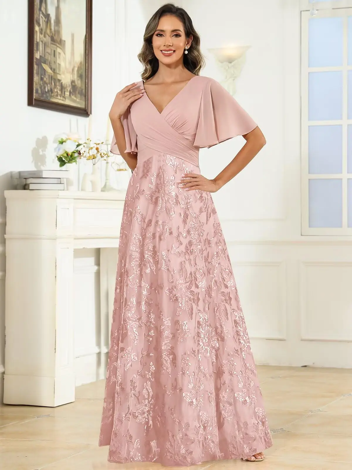 

Sequin Embroidery Mother of The Bride Dresses for Women A Line Ruffle Sleeve Shimmery Formal Evening Dress