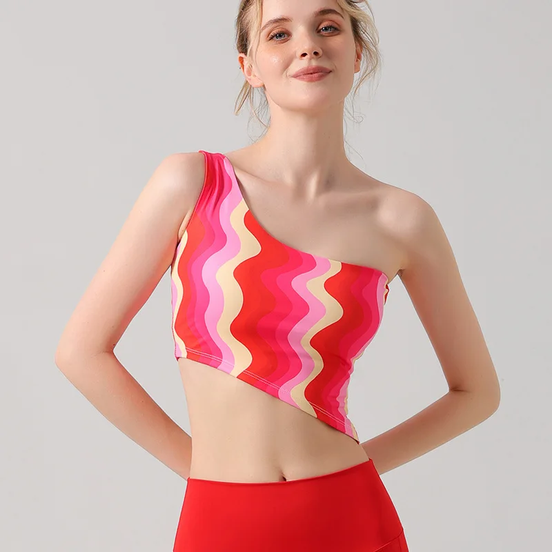 

Slanted Shoulder Sexy Fashion Printed Tank Top Set for Women with Chest Mat Sports Fitness Underwear Tight Pants Set