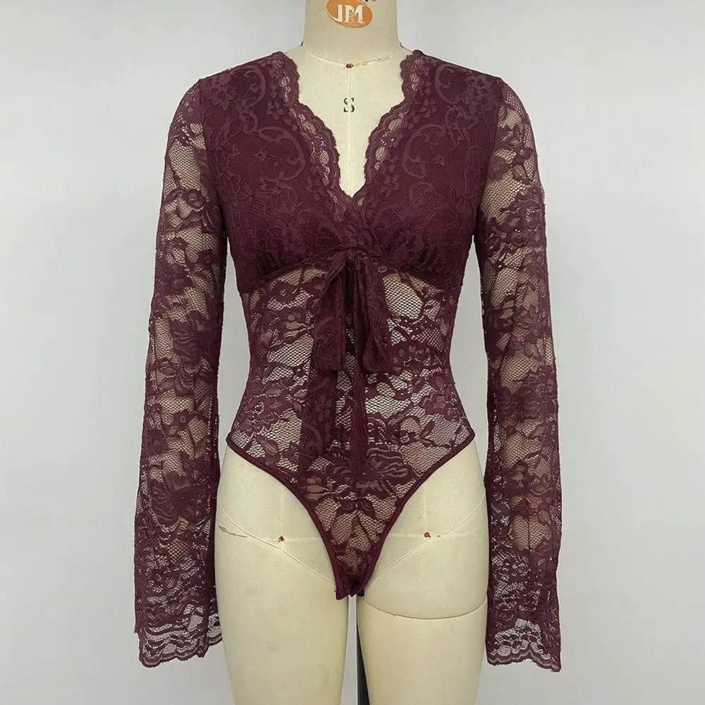 Sexy Lace Bodysuit Women Long Sleeve Sheer Romper Slim Fit High Waist Burgundy Flare Sleeve Fall Fashion Party Outfit