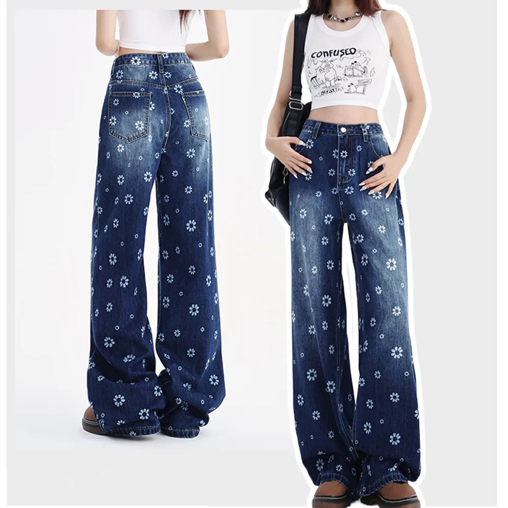 

2024 Women Jeans Vintage straight leg Y2k Pants Flower Printed Denim Pants Streetwear Pantalones Trousers