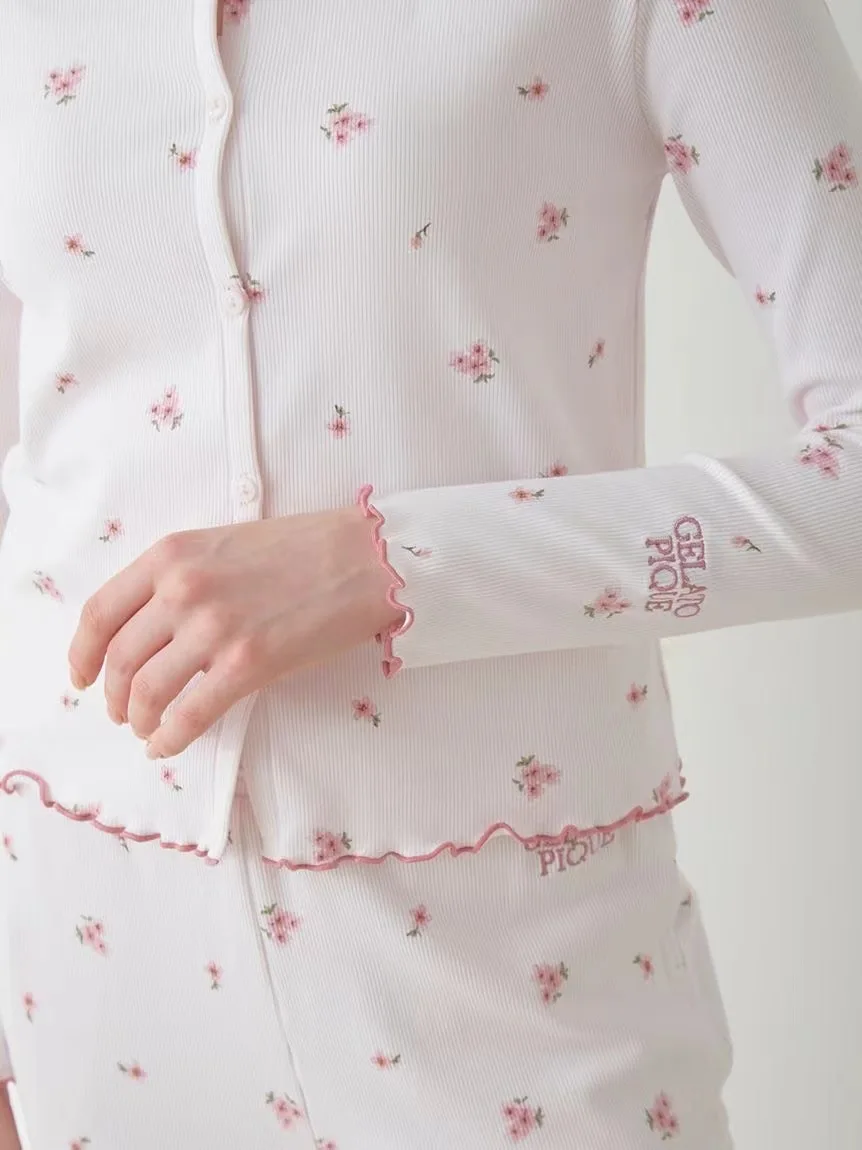 Pajamas Women Room Wear Ladies Cherry Blossom Print round Neck Long Sleeve Lace Cotton Set (with tags)