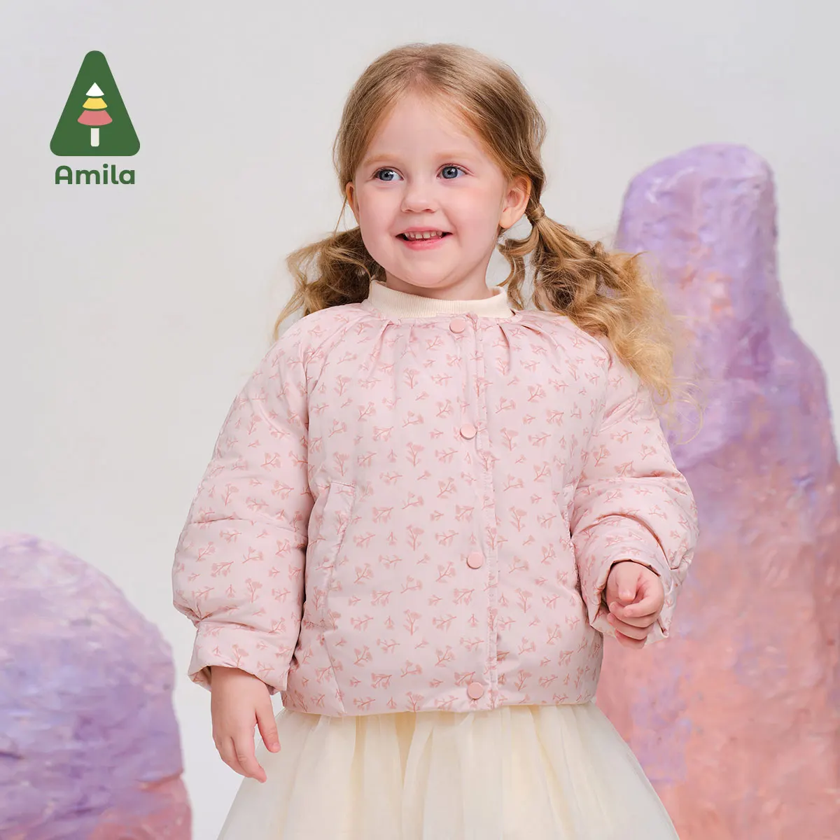 Amila Baby Cotton Clothes 2024 Winter New High Quality Girls Solid Color Round Neck Cute Soft Warm Casual Loose Children‘s Coat