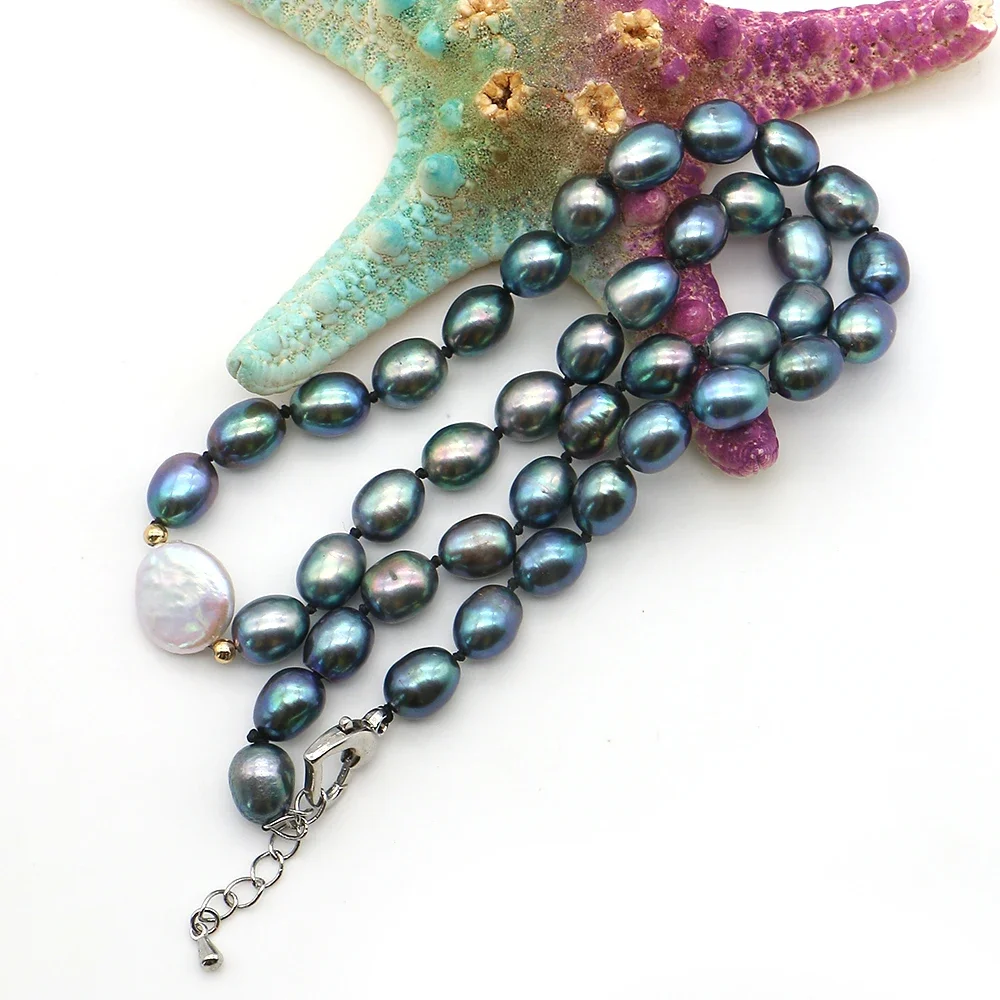 Niche Natural Freshwater PeacockGreen Polished RiceShaped StraightHole Pearl Beads Matched with White Pearl Necklace Jewelry