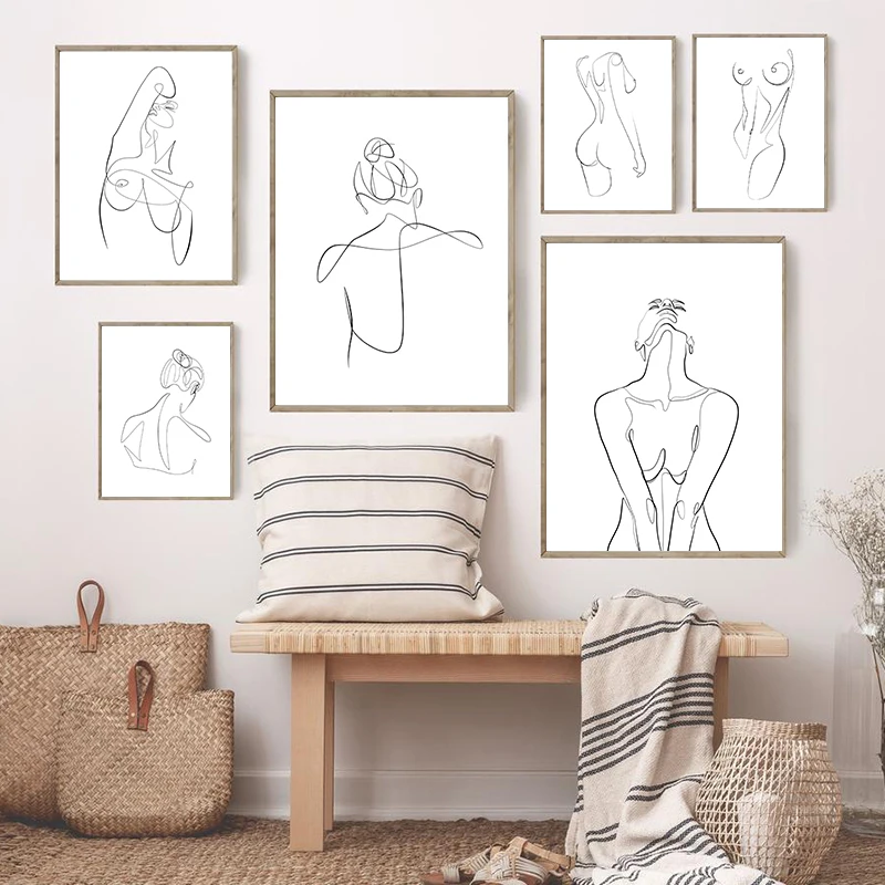 1PC  Abstract Naked Woman One Line Drawing Art Canvas Painting Prints Feminine Nude Figure Minimal Line Sketch Poster Home Ar