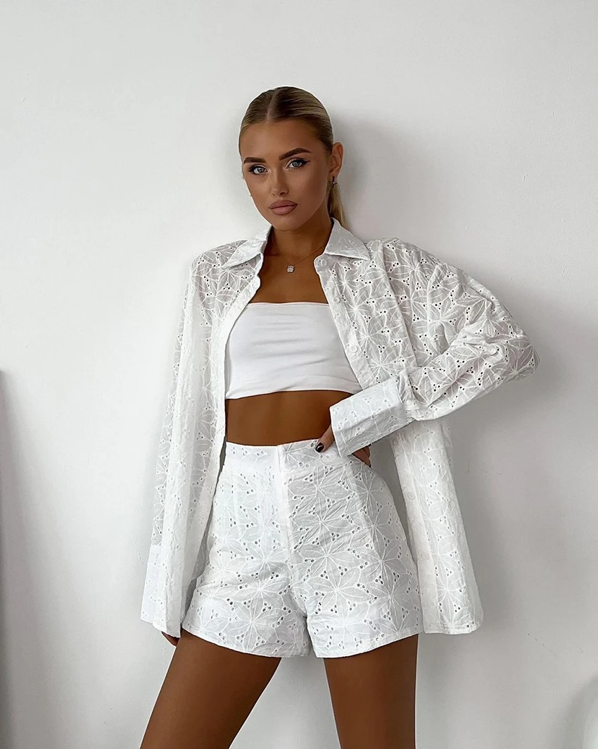 Elegant Jacquard Weave Shorts Two Piece Set Women Perspective White Lapel Shirts+High Waist Shorts Female Cotton 2 Pieces Sets