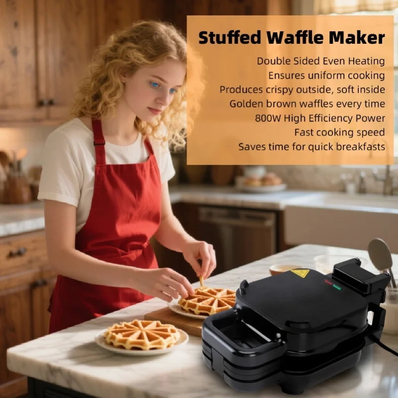 800W Stuffed Waffle Maker Double Sided Heating SUS Non Stick Fluffy Waffle Iron For Home Use Easy Cleaning 110V/220V