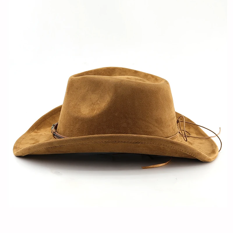 Wildleder Western Cowboy Hut für Männer Frauen Vintage gerollte Krempe Filz Jazz Hüte Outdoor Reise Ritter Hüte – Detail 5