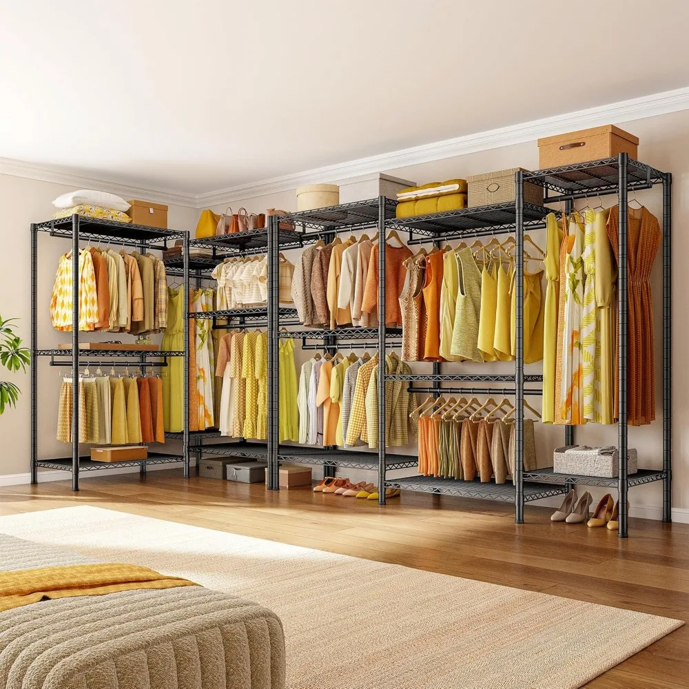 رف ملابس عالي التحمل قابل للتعديل مع أرفف لتعليق الملابس، أقصى حمولة 90 رطل، حل تخزين الملابس موفر للمساحة