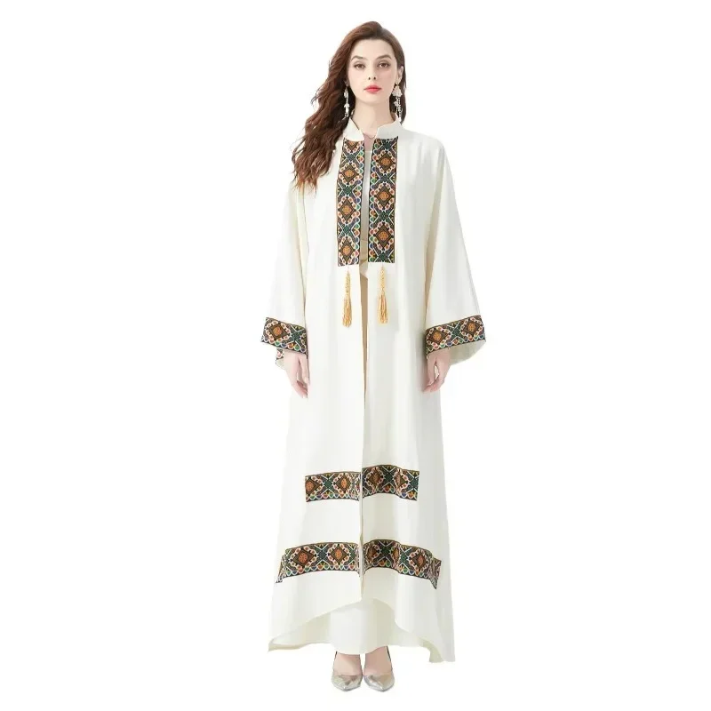 2024 Resort Palace Embroidery Tassel Bell Sleeve Retro Robe Smock Dress Two-piece Set Holiday Outfits Womens Top and Skirt New