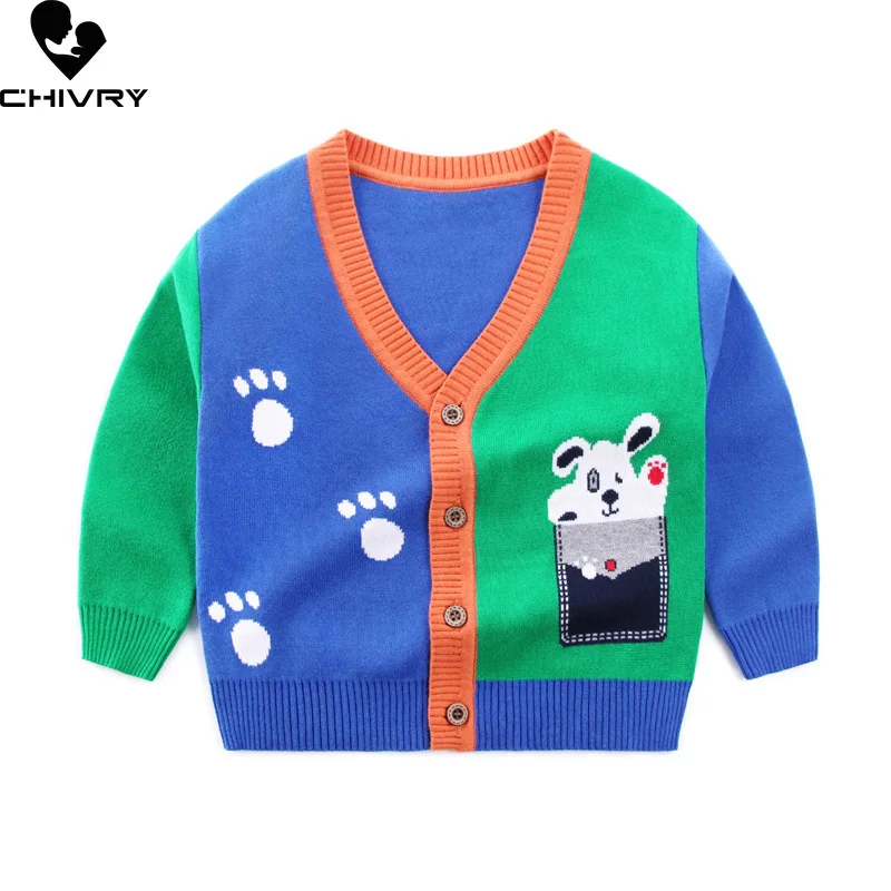 New Autumn Winter Kids Cardigan Sweater Baby Boys Cartoon Dog Jacquard Single-breasted V-neck Knitted Cardigans Coat Outerwear