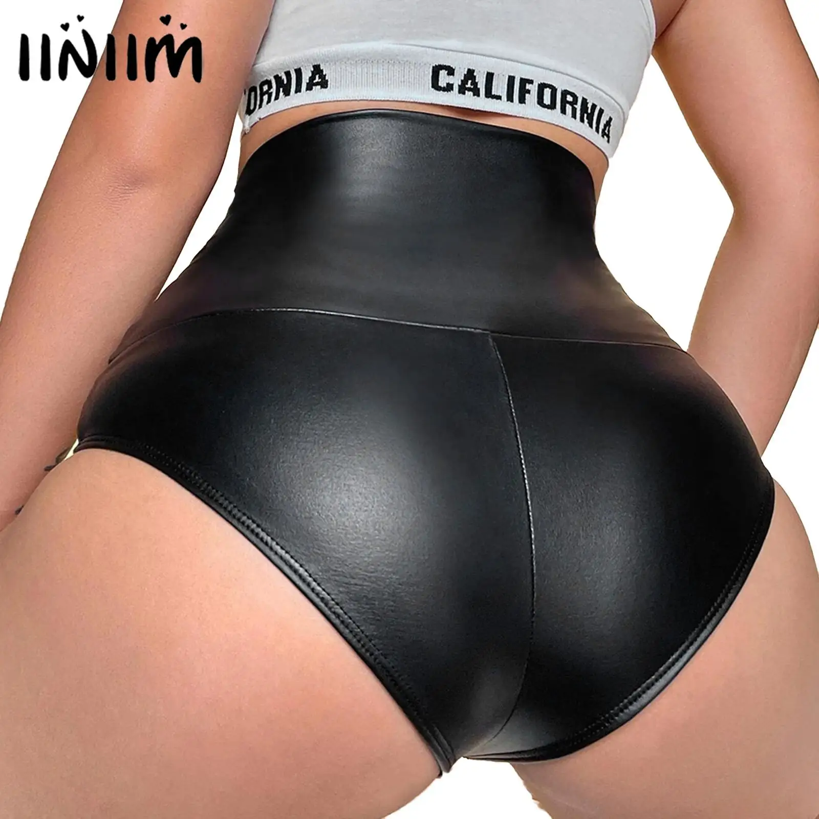 Womens Rave Booty Shorts PU Leather Briefs Solid Color High Waist Hot Pants Pole Dance Outfit Disco Party Nightclub Clubwear