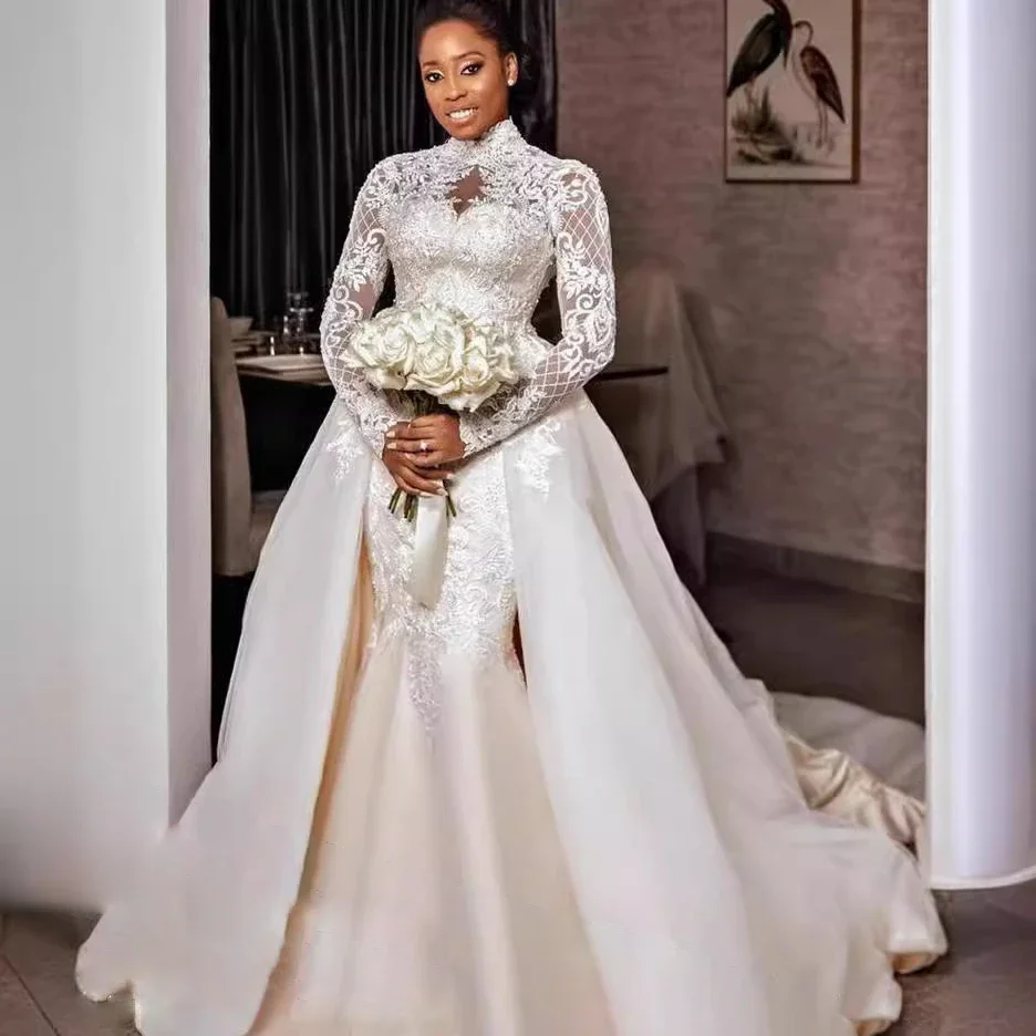 Afrika Puffy Volle Ärmel A-Linie Stehkragen Spitze Brautkleid Blumenstickerei Trägerloses formelles Kleid für Frauen Hochzeit