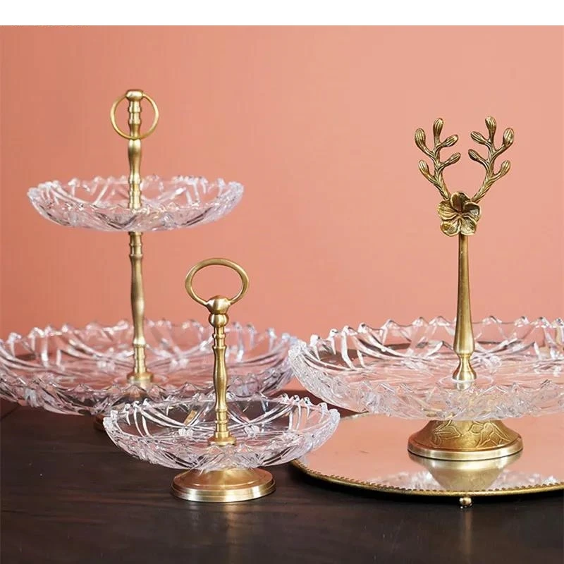

Glass Fruit Plate Brass Handle Afternoon Tea Dessert European-style Home Living Room Candy Snack Decoration Ornament