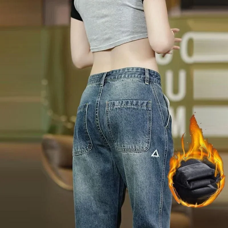 

Мужские утепленные джинсы из денима с флисовой подкладкой, ретро-стиль, свободный прямой крой, повседневные длинные брюки, модные осенне-зимние джинсы