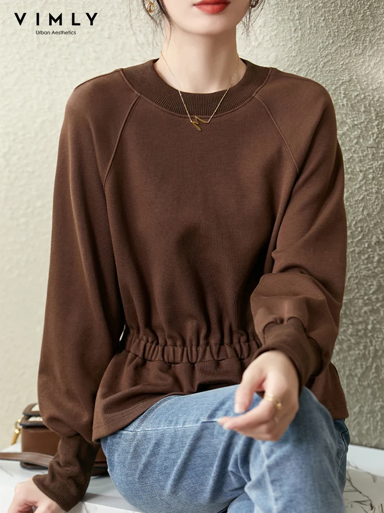 Vimly Round Neck Pullovers Peplum Sweatshirt Women 2023 Autumn Winter Fashion Coffee Long Sleeve Tops Female Clothing V3817