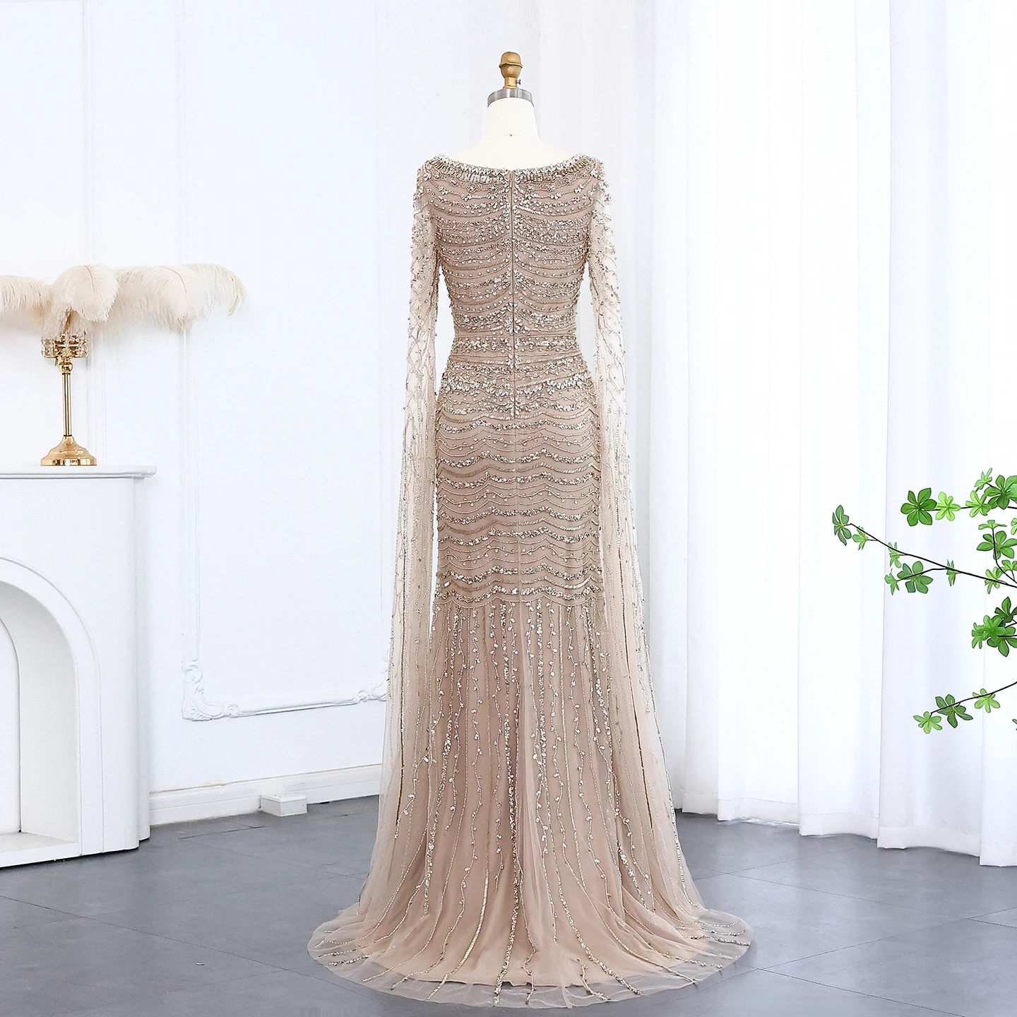 Sharon Said Luxury Caramel Mermaid Evening Dress with Cape Sleeves Square Neck Formal Gowns Women Wedding Party SS330 Customized image 4