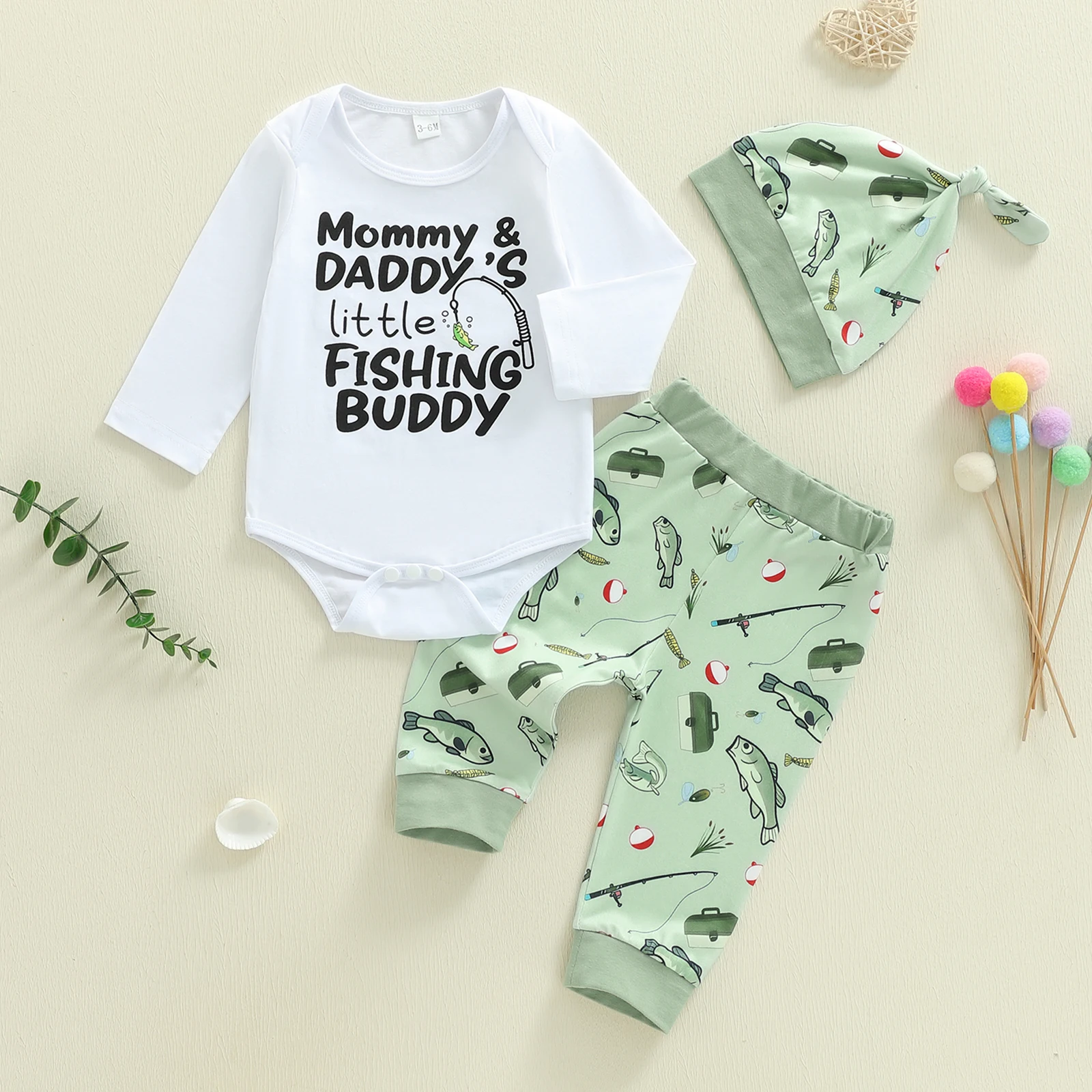 

Suefunskry осенний комплект одежды для новорожденных мальчиков, комбинезон с длинными рукавами и буквенным принтом, длинные штаны и шапка с рыбьим узором, наряд из 3 предметов