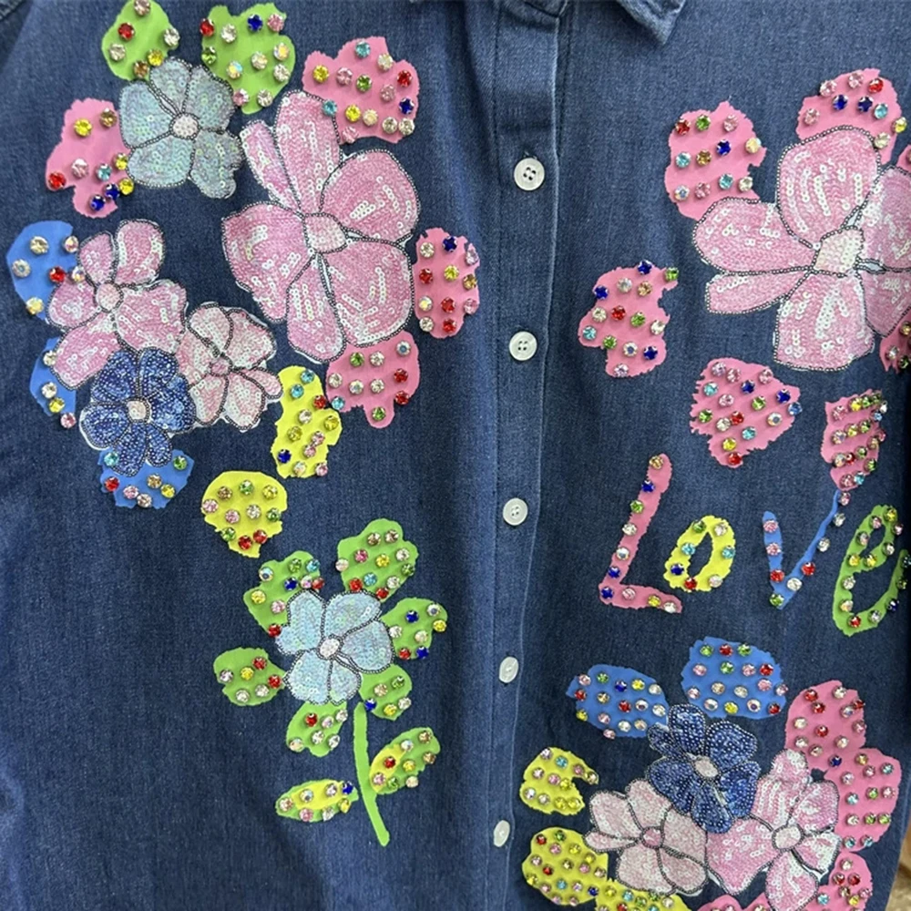 Hot Diamond Printed Letter Short Sleeve Denim Shirt Top + Elastic Waist Denim Shorts Two-piece Set-GZTZ056