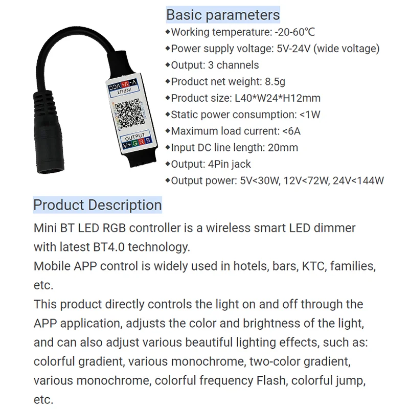 Mini variateur Bluetooth RGB DC 5V 12V 24V, contrôleur de musique, application intelligente, contrôle pour bande lumineuse LED RGB