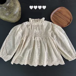 2024 Autumn Korean Girls Blouses Princess Long Sleeve Tops Cotton Lace Embroidery Baby Girl's Doll Shirts Kids Clothes