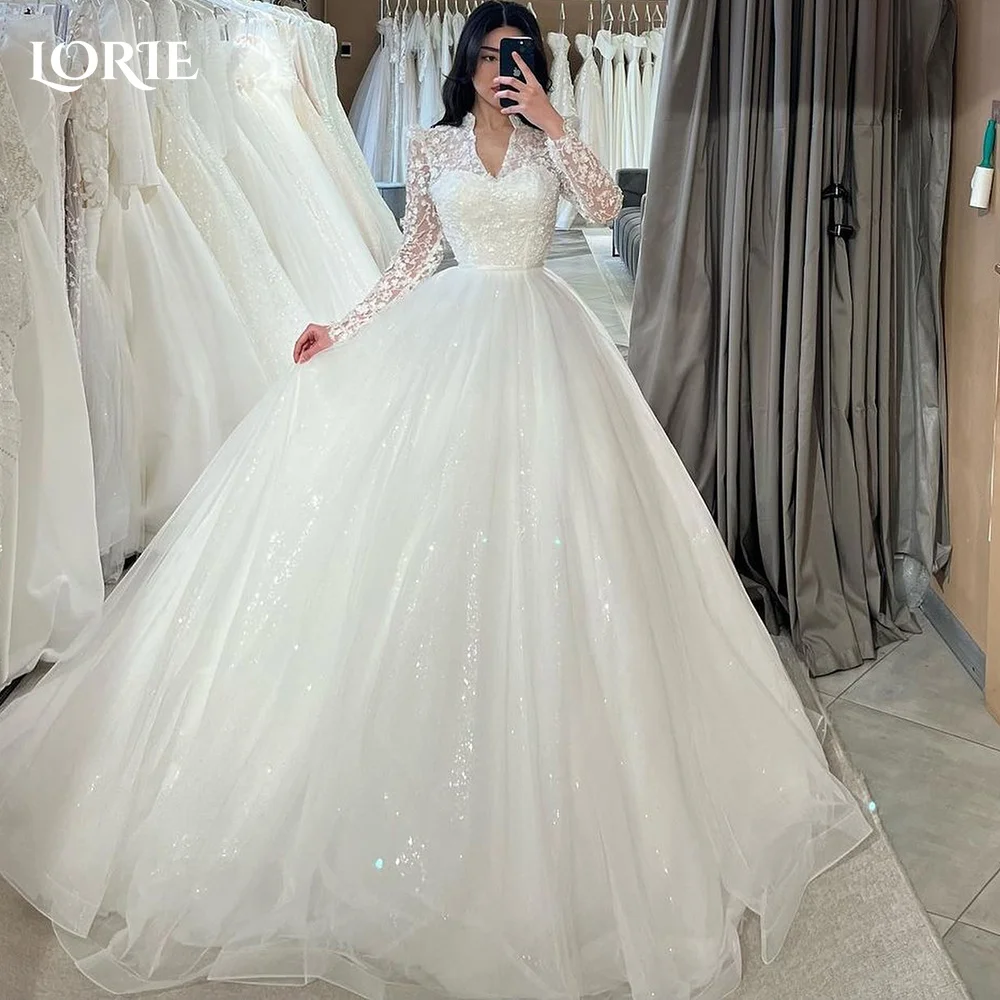 LORIE Vintage Glitter Lace Wedding Dresses A-Line Shiny Appliques V-Neck Bridal Gowns Princess Sparkly Bride Dress Customized