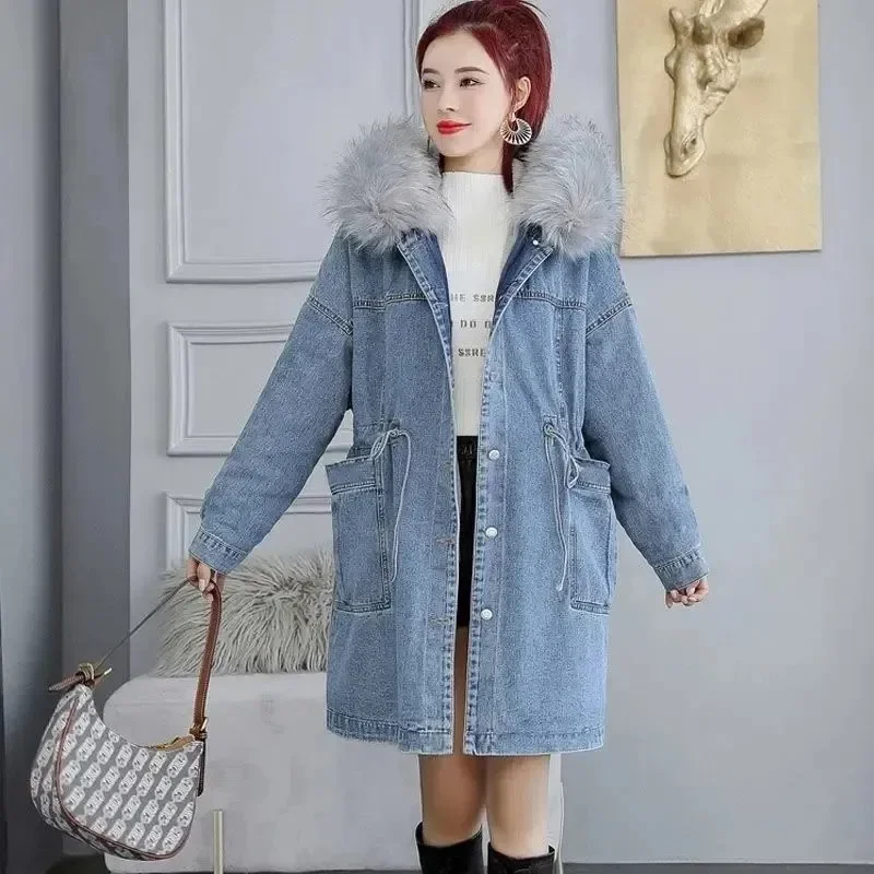 Women\'s Jeans Coat New Winter Denim Coats Thick Wool Denim Jacket Korea Loose Hooded Fur Collar Long Clothes Outerwear Female